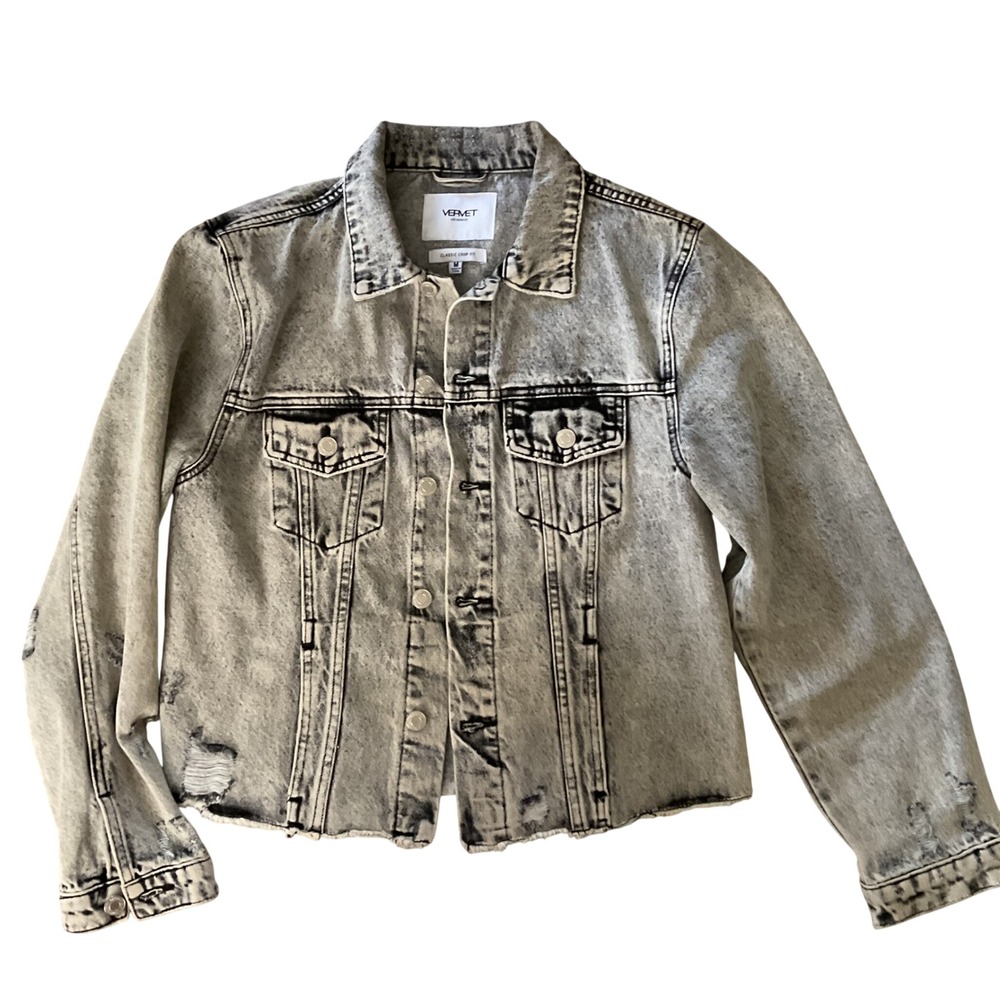 Vervet Los Angeles Acid Wash Grey Distressed Crop Denim Jacket Womens Medium